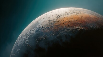Wall Mural - A mesmerizing close-up view of a celestial body, its surface textured with craters and subtle color variations. The dark teal backdrop enhances its otherworldly beauty.
