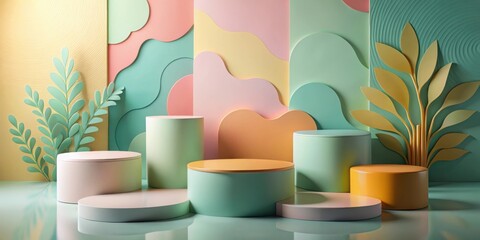 Poster - Abstract Minimalist Display Featuring Cylindrical Platforms Set Against a Colorful Wavy Background Decorated with Paper Cutout Leaves