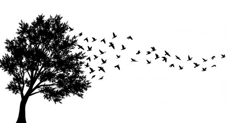 Silhouette of tree with birds flying away on white background