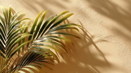 Poster - Long shadows of palm foliage stretch across a warm yellow textured surface, creating a tranquil atmosphere. Sunlight filters through the leaves, enhancing the natural beauty of the scene