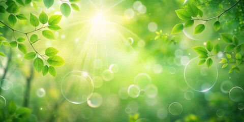 Poster - A serene and vibrant image of nature with green leaves and glowing orbs, illuminated by the soft rays of the sun