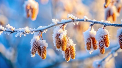 Aufkleber - Winter's Embrace Snow-Dusted Buds on a Branch Gleaming in the Golden Light of the Sun