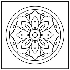 Poster - Circular floral mandala design,  geometric flower, line art,  black and white. coloring page