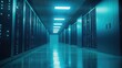 © TommyNa - Modern data center with glowing blue servers in a symmetrical layout, ideal for IT infrastructure, cloud services, and cybersecurity projects