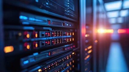 Fototapete - Digital server row in a tunnel of blue lights, ideal for futuristic infrastructure, automated data handling, and internet service designs