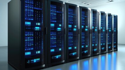 Poster - Reflective server cabinets in a secure center with glowing lights, perfect for showcasing hosting environments, big data, or software operations