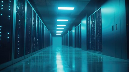 Fototapete - Modern data center with glowing blue servers in a symmetrical layout, ideal for IT infrastructure, cloud services, and cybersecurity projects
