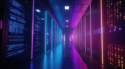 Fototapete - Futuristic corridor of illuminated server racks in a high-tech environment, perfect for network technology and secure data storage use cases