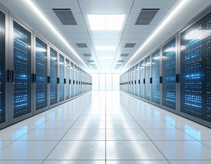  Modern Data Center Server Room Interior Rows of Network Servers Illuminate a Clean and Bright High Tech Facility