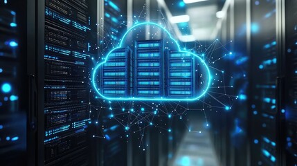 Fototapete - Row of high-speed servers in blue ambiance, great for online cloud service visuals, cybersecurity products, and data processing tools