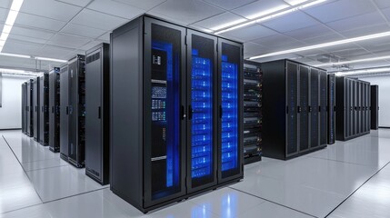 Fototapete - Symmetrical racks with blue accents in an organized server room, ideal for showing digital transformation, backup solutions, and smart storage