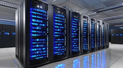 Fototapete - Secure server block with radiant blue light effects, ideal for visualizing stable data solutions, big data centers, and global IT platforms