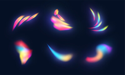 Leinwandbilder - Set of colorful glowing highlights refracting in bright rainbow tones with smooth blur on dark background. Vector