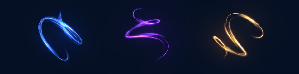 Aufkleber - Set of glowing spiral light trails in blue, violet, and golden tones on dark background. Used in digital overlays, energy visualizations, and abstract motion compositions.

