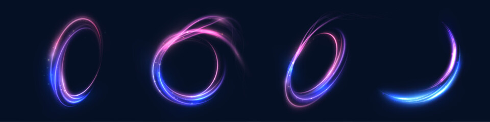Aufkleber - Set of glowing pink and blue neon rings and arcs with smooth light trails on dark background. Applied in motion graphics, UI highlights, and abstract digital compositions.

