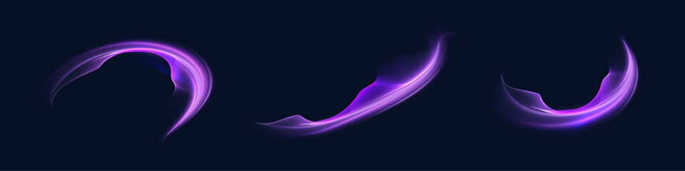 Poster - Set of luminous curved wave shapes in purple and violet tones with smooth gradients on dark background. Used in digital compositions, futuristic visuals, and light effect overlays.

