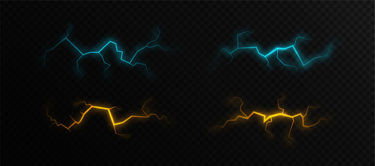Poster - Set of glowing lightning bolts in blue and yellow with jagged edges and electric flare on transparent background. 