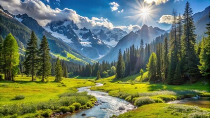 Poster - A meandering stream cuts through a verdant valley nestled against a backdrop of majestic snow-capped mountains, bathed in the golden glow of a setting sun.