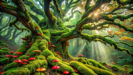 Poster - Sunlight streams through the canopy of a moss-covered ancient tree, illuminating a carpet of vibrant red mushrooms in a lush green forest.