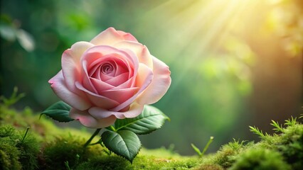 Aufkleber - A single pink rose blooms in the sunlight, its petals unfurling amidst a bed of lush green moss, creating a breathtaking scene of natural beauty.