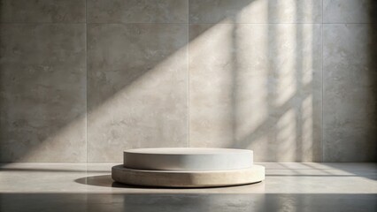 Poster - A minimalist concrete platform with soft sunlight casting shadows on the floor and wall