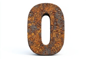 Poster - Rusty Metal Number Zero Isolated on White Background Showing Texture and Corrosion Detail