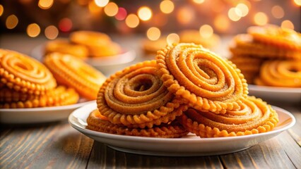 Poster - Crispy Spiraled Fried Dough Pastries on a White Plate with Bokeh Lights in the Background