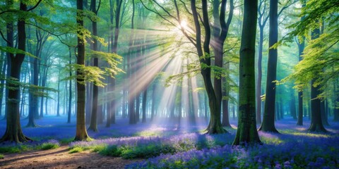 Aufkleber - Sunbeams pierce through the misty canopy of a forest, illuminating a carpet of purple wildflowers