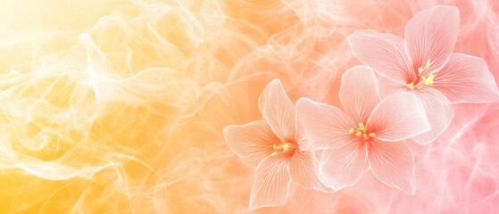 Poster - Ethereal floral arrangement with delicate petals against a gradient orange and pink background, soft focus, dreamy mood, and artistic style for stock photo platform