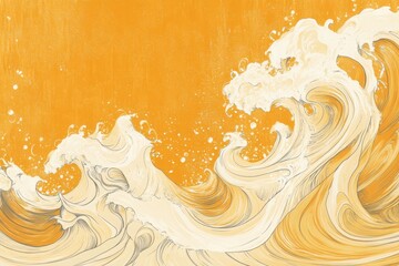 Poster - Dynamic waves illustration on a golden background evoking a sense of power and motion artistic rendition of ocean waves stylized water scene