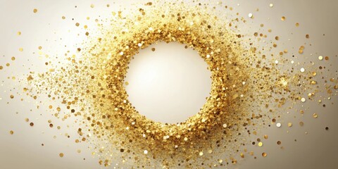 Poster - A shimmering golden circle frame of confetti particles against a light background. The confetti swirls around a circular center, creating a festive and celebratory design.