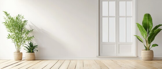 Poster - Bright interior scene featuring potted plants near a white door and wall creating a serene and inviting atmosphere with natural light illuminating the wooden floor