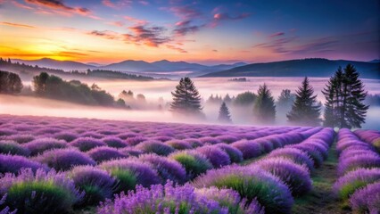 Aufkleber - A misty sunrise bathes a sprawling field of lavender in a soft, ethereal glow, creating a picturesque scene of tranquil beauty.