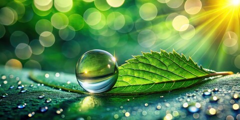Fototapete - A Crystal Sphere Reflects the Light and Texture of a Dew-Covered Green Leaf in the Sun's Rays