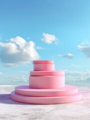 Poster - Pink podium pedestal against a serene sky with fluffy clouds minimalist presentation stage for product display and advertising backdrop with soft pastel hues