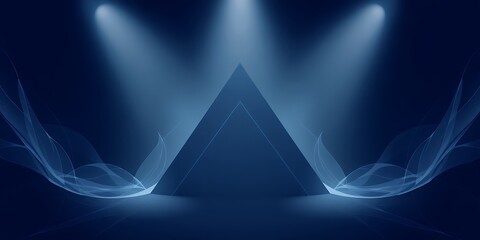 Poster - A blue pyramid shape illuminated by spotlights with smoke like waves on either side