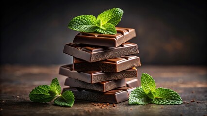 Aufkleber - A Stack of Dark Chocolate Bars Decorated with Fresh Mint Leaves on a Wooden Surface