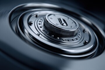 Poster - Close Up of a Shiny Silver Safe Dial with Intricate Details Security and Precision Emphasized in a Dark Environment with a Metallic Texture and a Modern Style