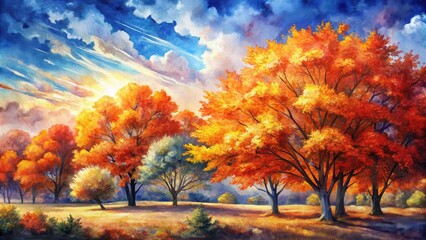 Poster - A Watercolor Painting Depicting the Vibrant Colors of Autumn Trees Against a Blue Sky with White Clouds
