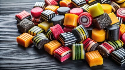 Aufkleber - A colorful assortment of striped, square, and round candies arranged on a dark wooden surface.