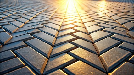 Fototapete - A geometric pattern of interlocking rectangular tiles with a golden light shining from the horizon.