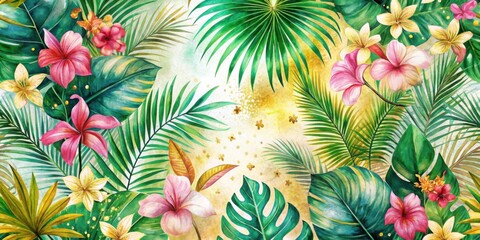Fototapete - A vibrant tropical scene with lush green foliage, delicate pink and yellow flowers, and a touch of golden shimmer.