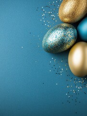 Poster - Festive easter eggs in gold blue and teal on a textured blue background with scattered glitter holiday celebration elegant design and vibrant color