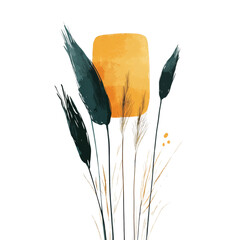 Aufkleber - Stylized botanical illustration featuring grasses and a geometric sun shape on plain surface