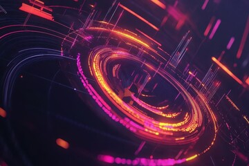 Poster - Futuristic abstract circular design with glowing lines showcasing advanced technology concepts, Abstract Circle and line HUD technological futuristic elements particle data background future design