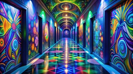 Fototapete - A hallway with a colorful and vibrant ceiling lit by neon lights, leading to an unknown destination. The walls are adorned with psychedelic abstract art.