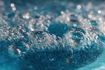 Poster - Captivating closeup of vibrant blue liquid surface with shimmering bubbles creating a mesmerizing texture and abstract pattern for a refreshing and clean aesthetic in a macro shot
