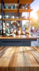 Poster - Wooden Table Surface with Blurred Kitchen Background for Product Display and Mockup Presentation