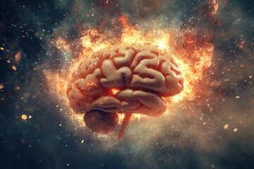 Poster - Human brain exploding with knowledge in a cosmic landscape of ideas and creativity, Concept art of human brain exploding with knowledge and creativity, creative ideas