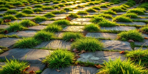Aufkleber - A stone pathway with vibrant green grass growing between the stones, illuminated by the warm glow of the setting sun